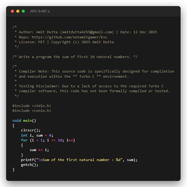 Write a program the sum of first 10 natural numbers.